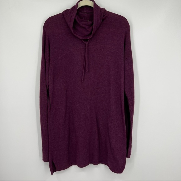 Akini Cowl-Neck Long Sleeves Drawstring Knit Purple Side Slit Pullover Sweater - Picture 2 of 11